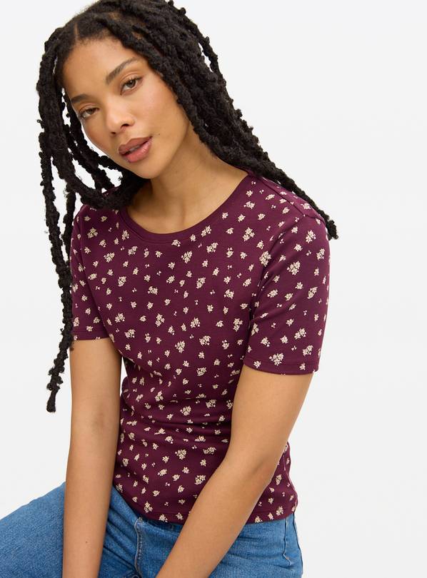 Burgundy Floral Printed Slim Fit T-Shirt 20